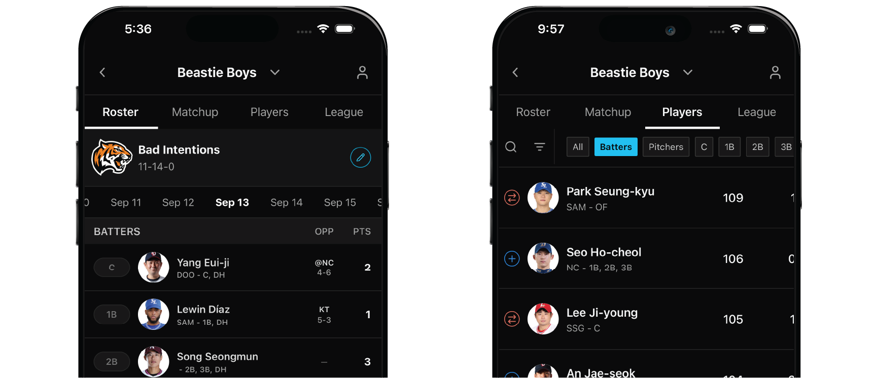 Roster and Waiver Wire screens